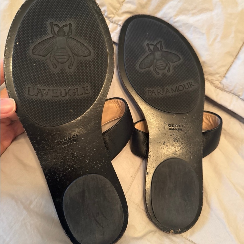 Gucci Black Leather Double G Thong Sandals Size 39 8.5 - Picture 5 of 7
